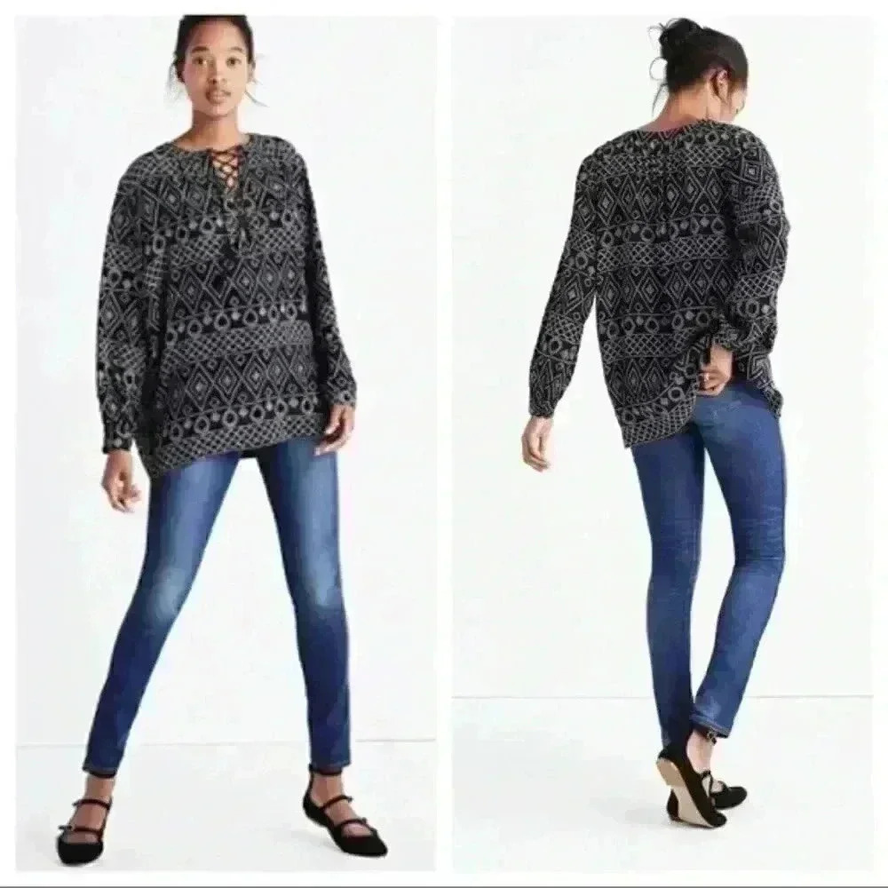 Madewell | Lace Up Peasant Blouse Caravan Print S